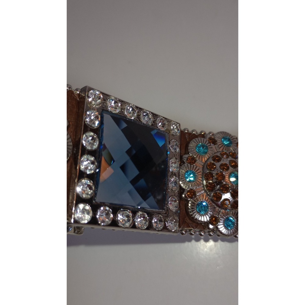 WB Atlas Brown Leather Blue Crystal Jeweled Western Belt Silver Buckle XL 48 - Picture 16 of 16
